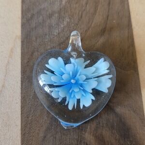 Vintage Art Glass Flower Heart Blue White Pendant